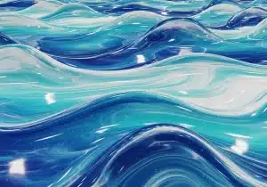 تصویری از کفپوش اپوکسی سه بعدی با طرح امواج آب درخشان به رنگ‌های آبی و فیروزه‌ای.
