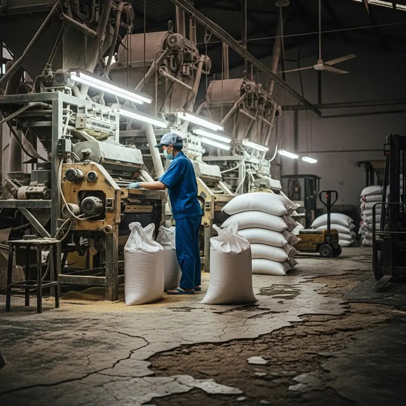تصویری از یک کارگر در لباس آبی و ماسک در حال کار با ماشین‌آلات بسته‌بندی در کارخانه‌ای با کفپوش سیمانی قدیمی و ترک‌خورده.