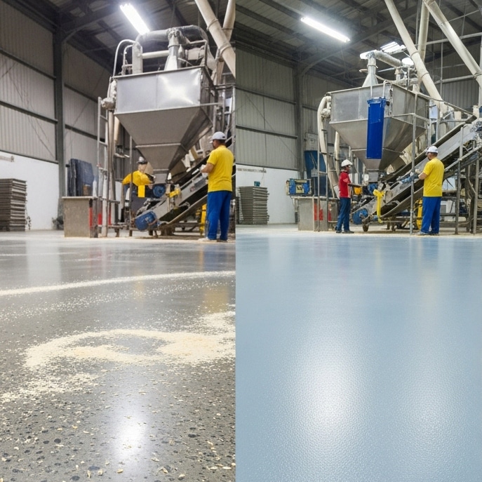 تصویر قبل و بعد از کف کارخانه، نشان‌دهنده بهینه‌سازی و تمیز کردن آن با استفاده از هوش مصنوعی.