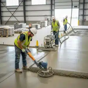 سه کارگر ساختمانی با کلاه ایمنی و جلیقه، در حال صاف کردن و تراز کردن بتن تازه ریخته شده در یک سالن صنعتی با استفاده از دستگاههای ماله پروانهای.