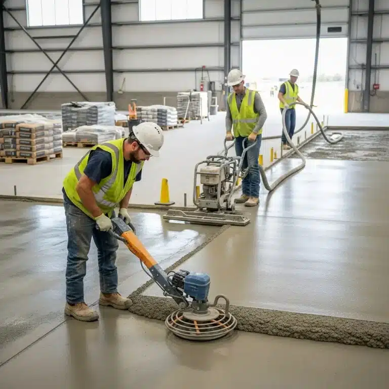 سه کارگر ساختمانی با کلاه ایمنی و جلیقه، در حال صاف کردن و تراز کردن بتن تازه ریخته شده در یک سالن صنعتی با استفاده از دستگاه‌های ماله پروانه‌ای.