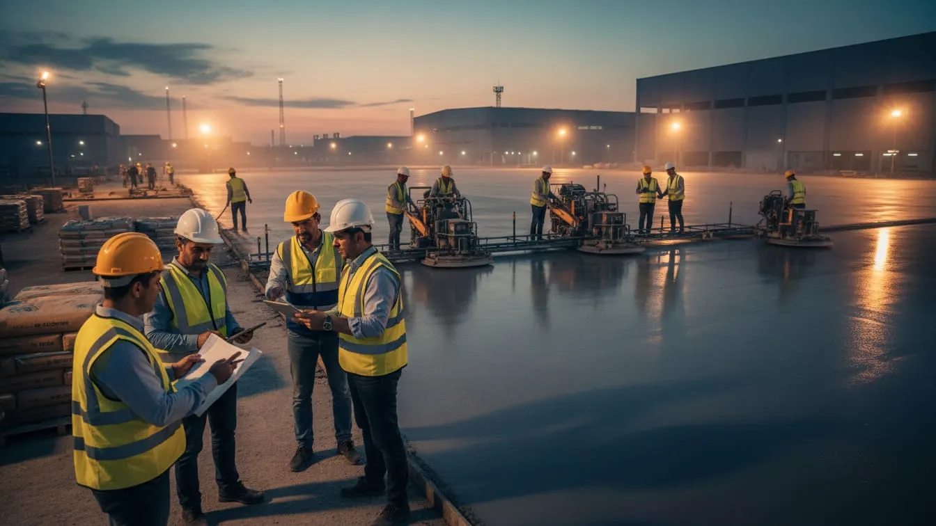 تیم حرفهای گروه پیمانکاری ثقفی با استفاده از تجهیزات پیشرفته در حال اجرای کفپوش بتنی وسیع در یک سایت ساختمانی است که نشان از تخصص و کیفیت بالای این گروه دارد.