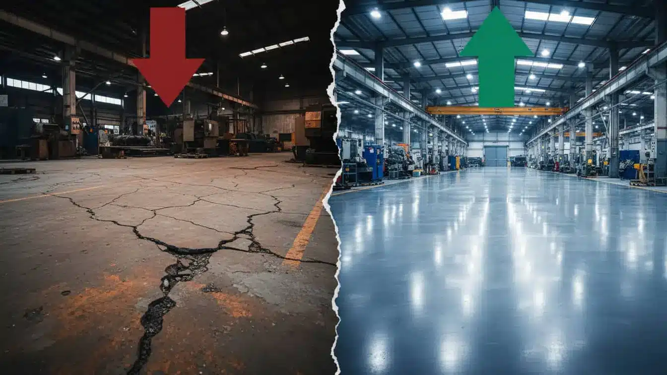 دو نیمه از یک سالن صنعتی: سمت چپ کفپوش ترکخورده و فرسوده با فلش قرمز رو به پایین و سمت راست کفپوش تمیز و براق با فلش سبز رو به بالا، نمادی از تفاوت کیفیت و ارزش.