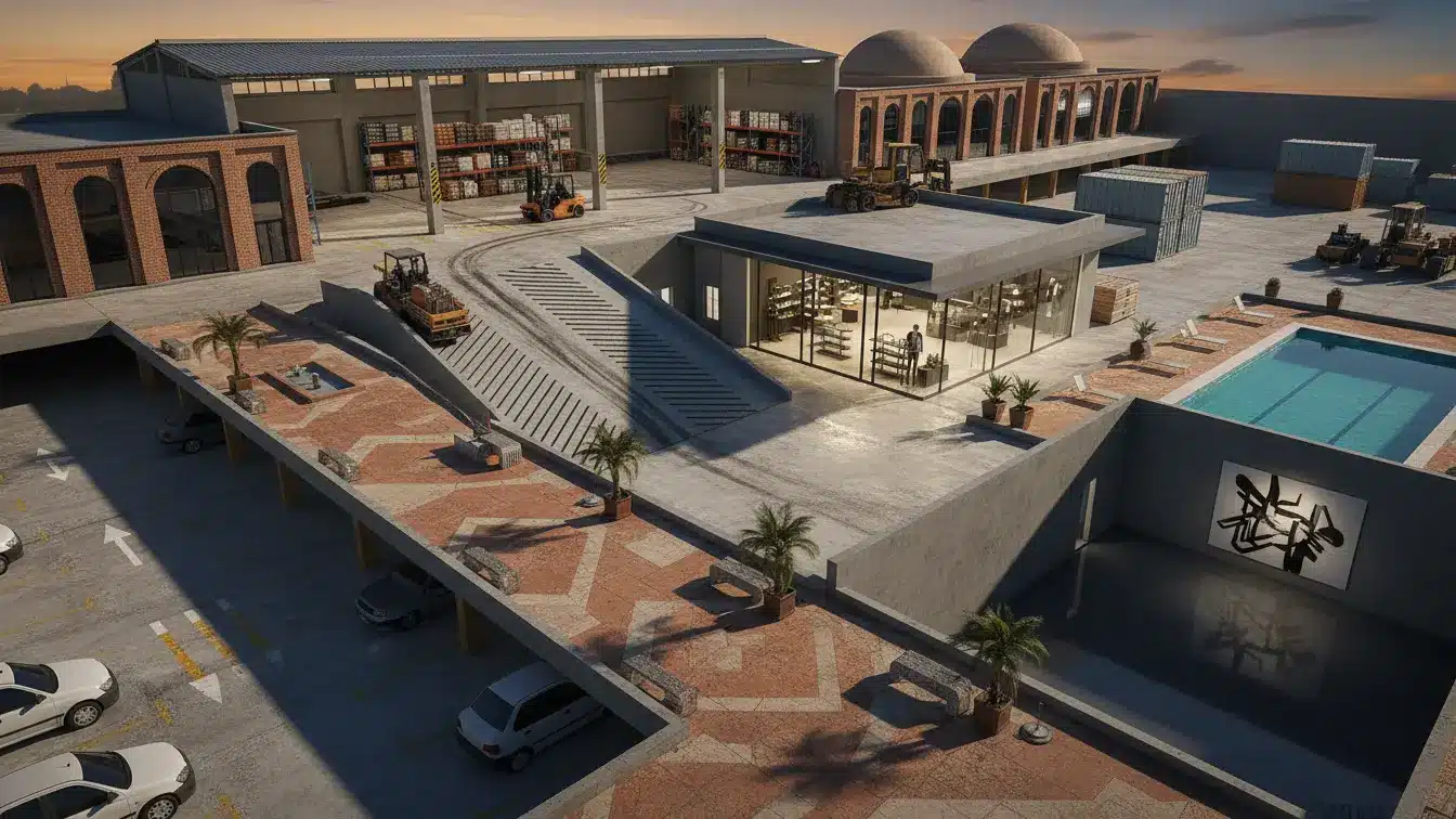 نمای هوایی از یک مجتمع با کفپوشهای متنوع بتنی، سنگفرششده، صنعتی و کاشیکاری شده در پارکینگ، انبارها، مغازهها و استخر.