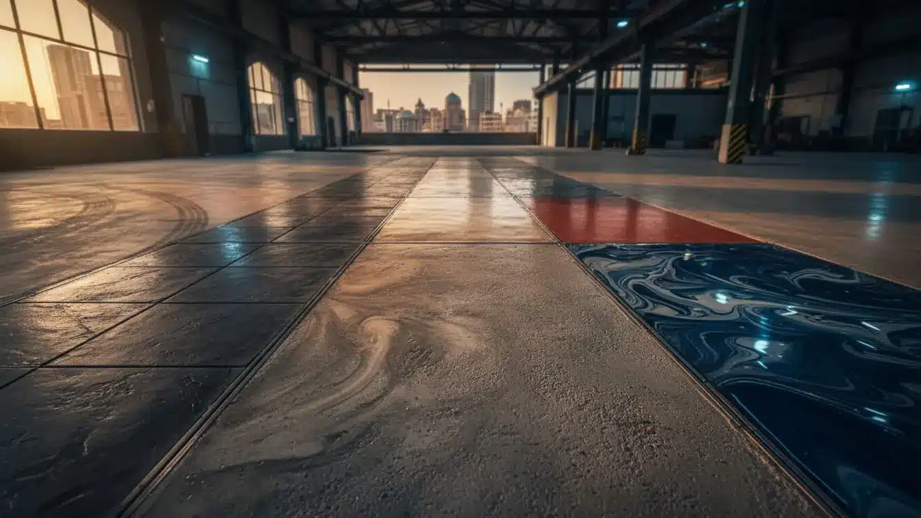 نمایی از کفپوشهای بتنی متنوع در یک سالن بزرگ، شامل بتن صیقلی، زبر، قرمز و آبی طرحدار، با منظره شهر در پسزمینه.
