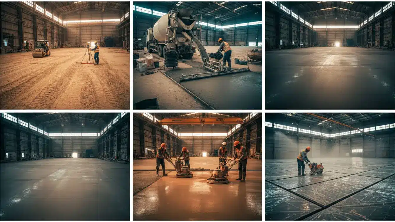 مراحل اجرای کفپوش بتنی در یک سوله بزرگ صنعتی شامل آمادهسازی، بتنریزی، پرداخت سطح و برش درزهای انبساط.