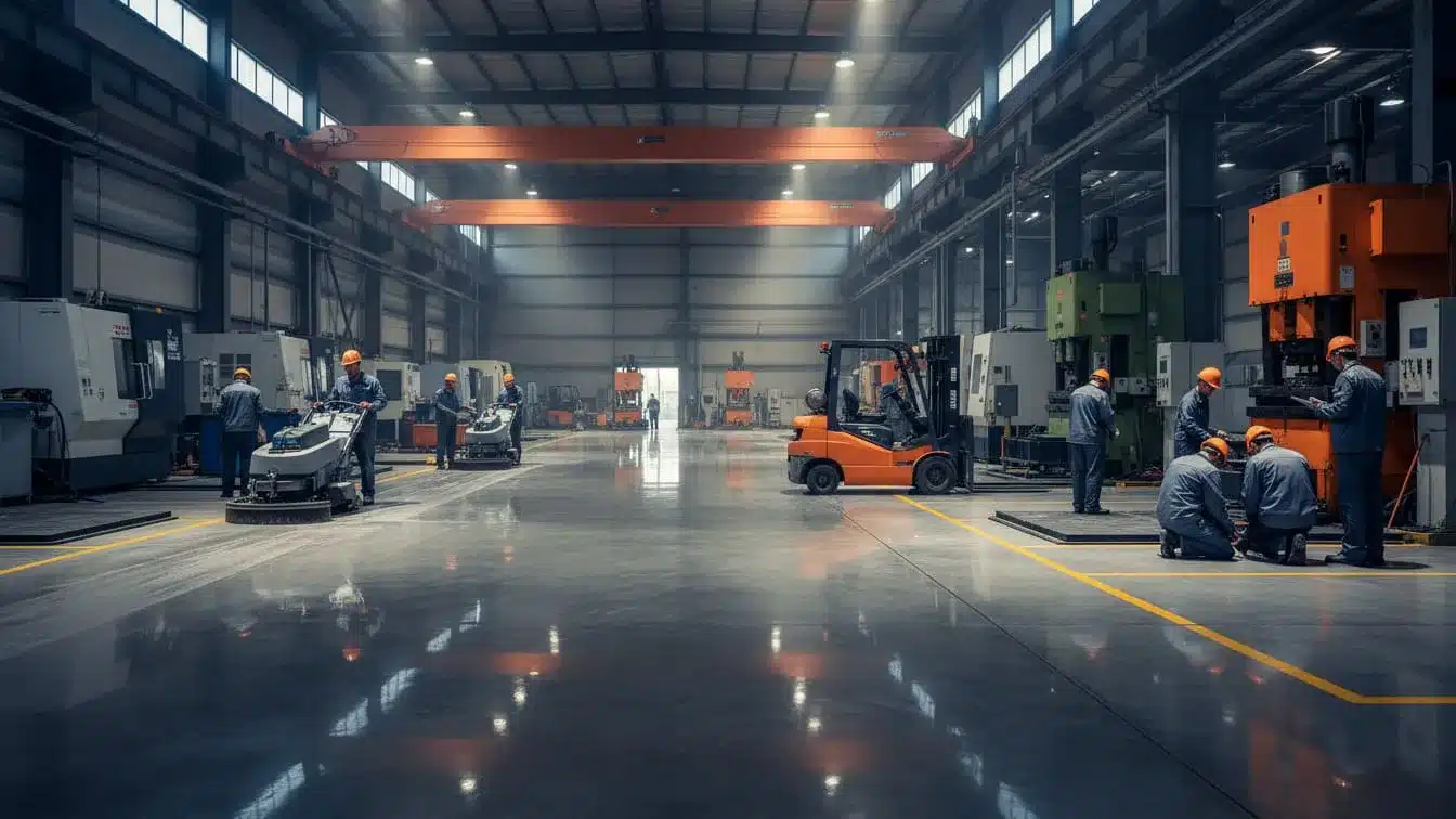 کارگران در حال تمیز کردن و نگهداری کفپوش بتنی براق و وسیع یک کارخانه صنعتی با استفاده از ماشینآلات نظافتی.