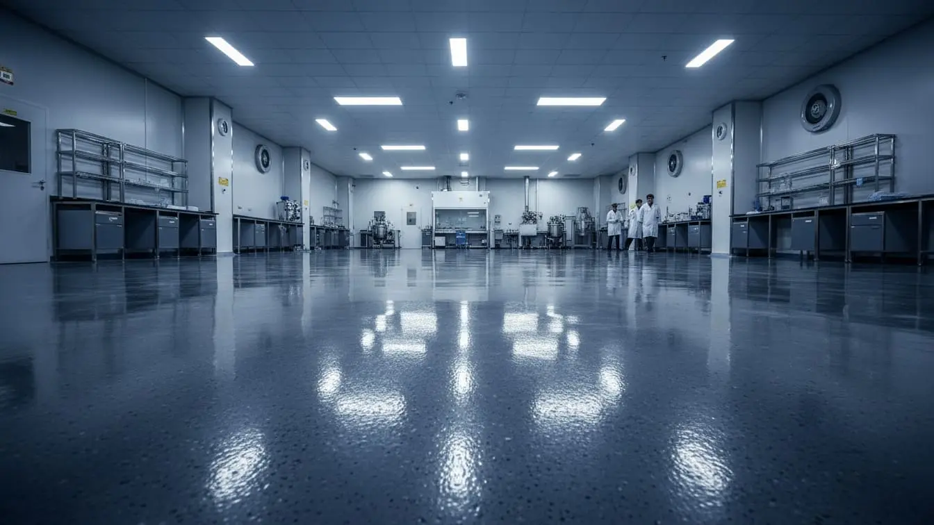 تصویری از یک آزمایشگاه یا کلینروم مدرن با کفپوش اپوکسی براق و خاکستری که نور و تجهیزات را منعکس میکند. چند نفر در انتهای سالن مشغول کار هستند.