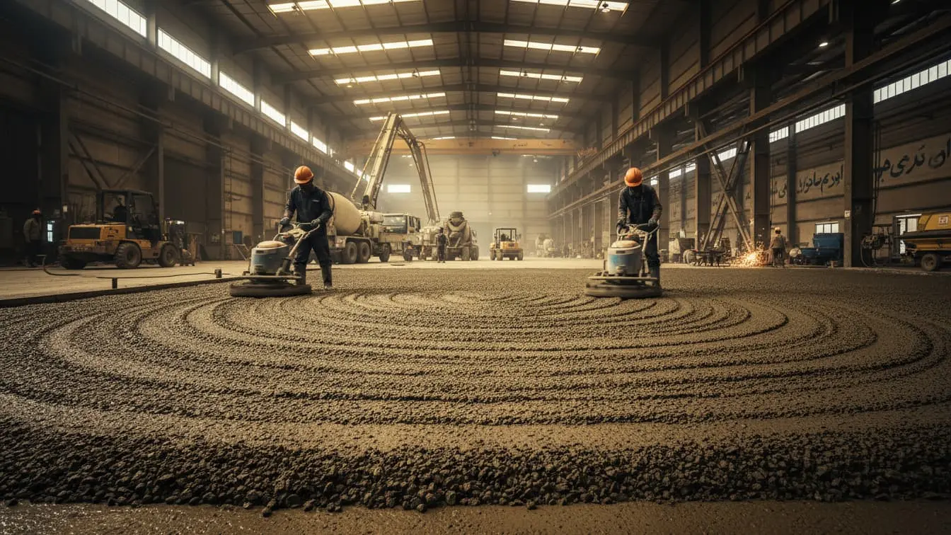 دو کارگر با ماله پروانهای در حال صاف کردن سطح بتن تازه در یک سوله صنعتی برای آمادهسازی کفپوش بتن سخت ملاتی هستند. ماشینآلات سنگین در پسزمینه دیده میشوند.