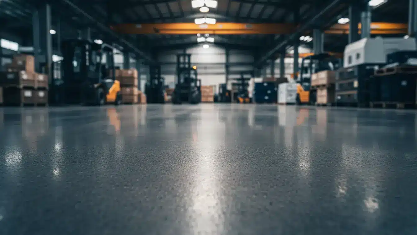نمایی نزدیک از کفپوش بتن سخت پودری براق در یک انبار صنعتی با لیفتراکهای محو در پسزمینه.