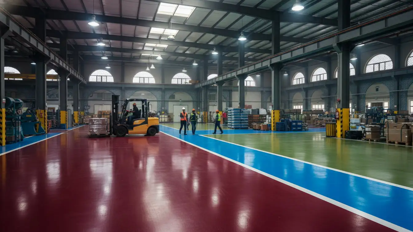 فضای داخلی یک کارخانه مدرن با کفپوش بتنی رنگی به رنگهای قرمز، آبی و سبز که مناطق مختلف کاری را مشخص میکند.