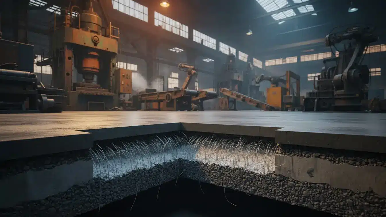 نمای مقطعی از کفپوش بتنی صنعتی با بتن، مصالح سنگی و الیاف تقویتی در یک کارخانه.