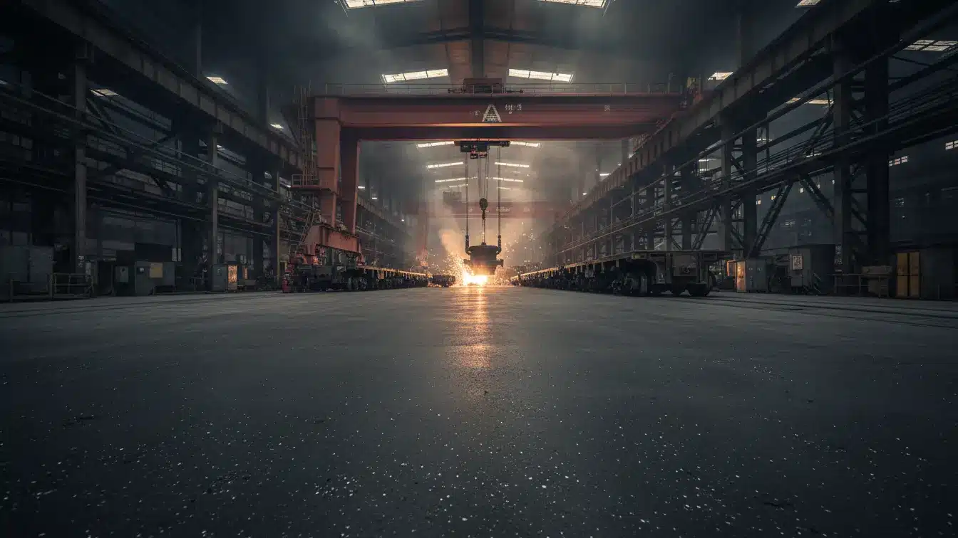 نمایی وسیع از یک سالن صنعتی تاریک و بزرگ با کفپوش هاردملات تیره و براق، و یک جرثقیل سقفی نارنجی که در مرکز مواد مذاب یا سنگین را جابجا میکند و جرقههای روشن از آن به اطراف پخش میشود.